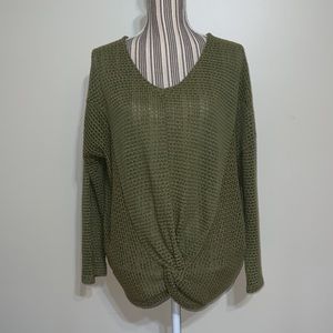 Umgee Green KnitCrotchet VNeck Sweater Faux Knot Front SizeS but Fits Like a M/L